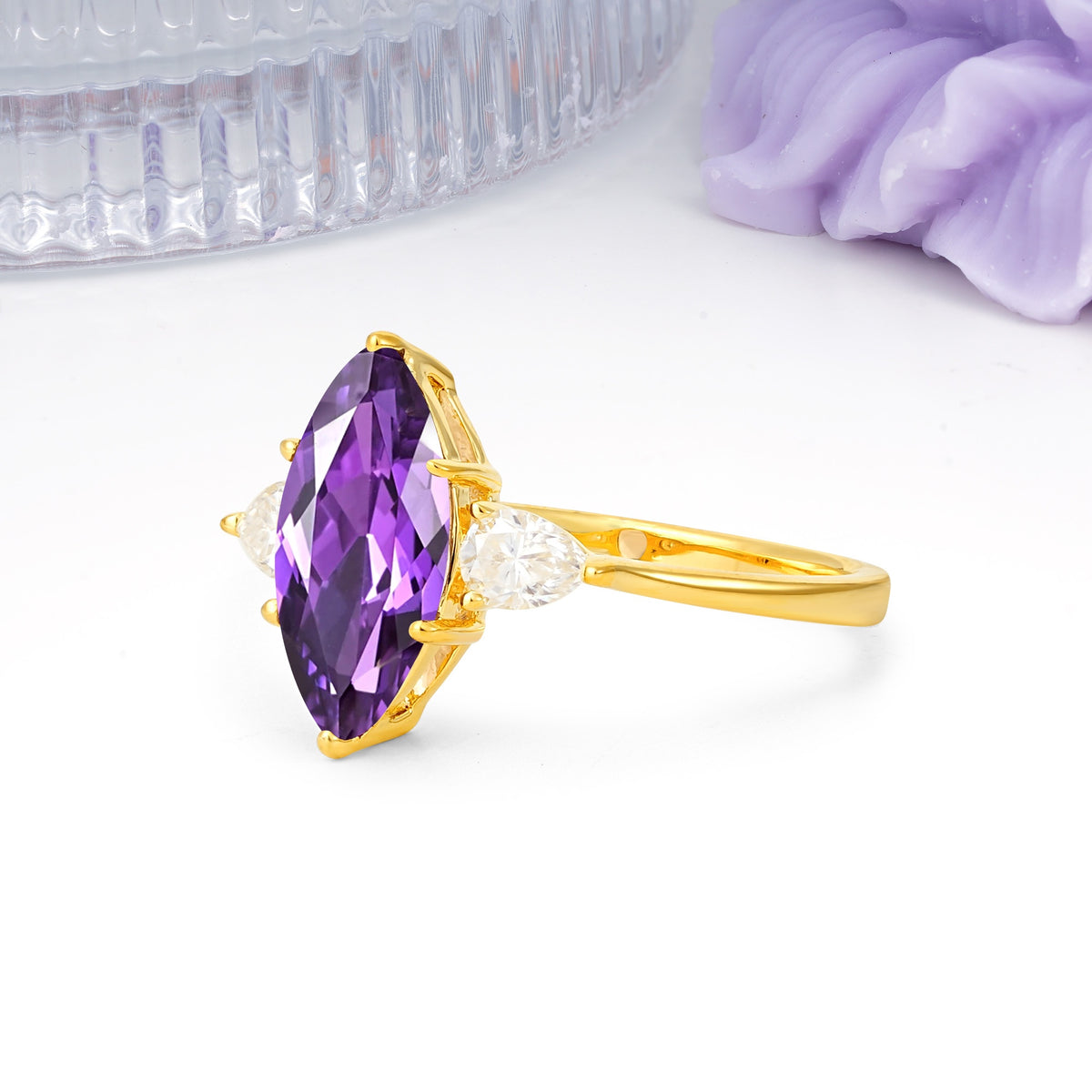 Classic, Minimalist 6-Prong Marquise Cut Amethyst Engagement Ring - Additional view