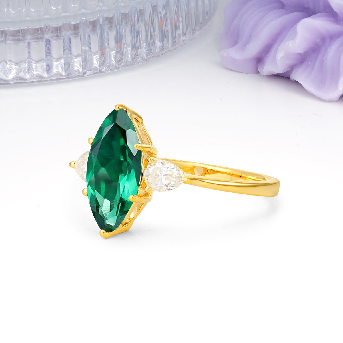 Classic, Minimalist 6-Prong Marquise Cut Emerald Engagement Ring - Additional view