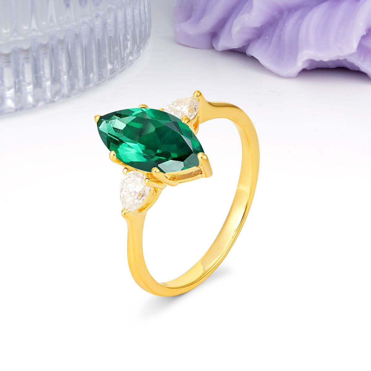 Classic, Minimalist 6-Prong Marquise Cut Emerald Engagement Ring - Additional view