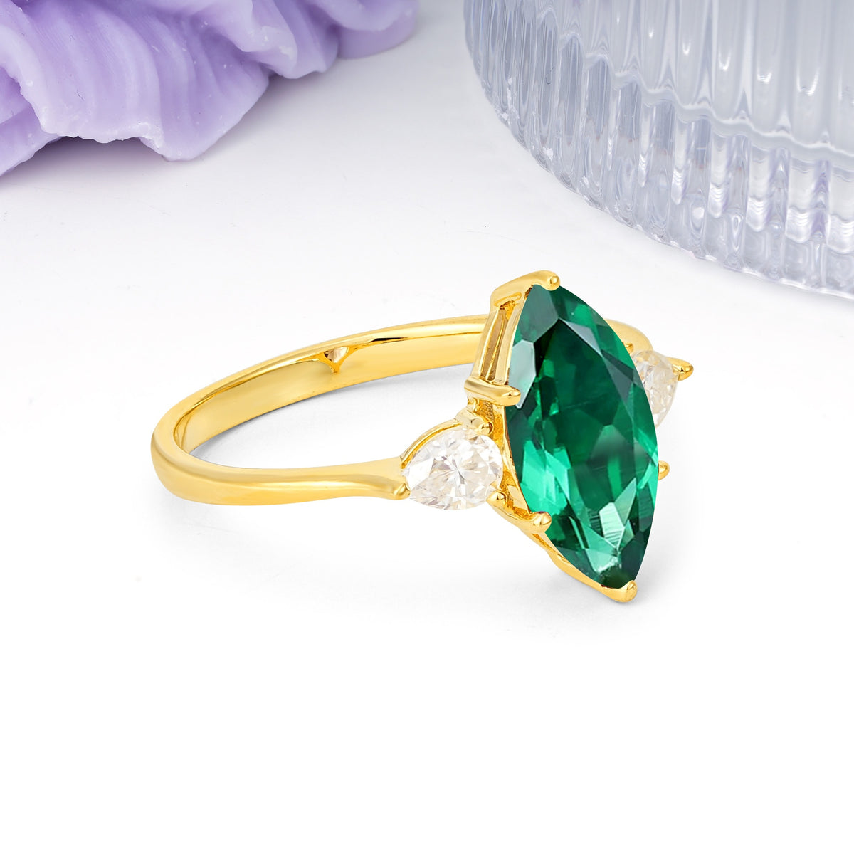 Classic, Minimalist 6-Prong Marquise Cut Emerald Engagement Ring - Additional view