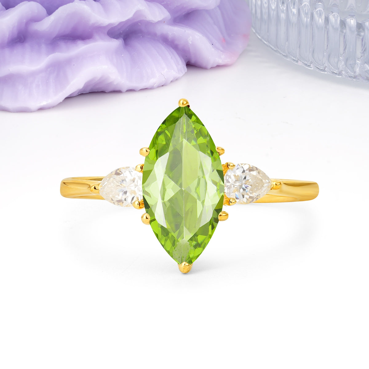 Classic, Minimalist 6-Prong Marquise Cut Peridot Engagement Ring - Additional view