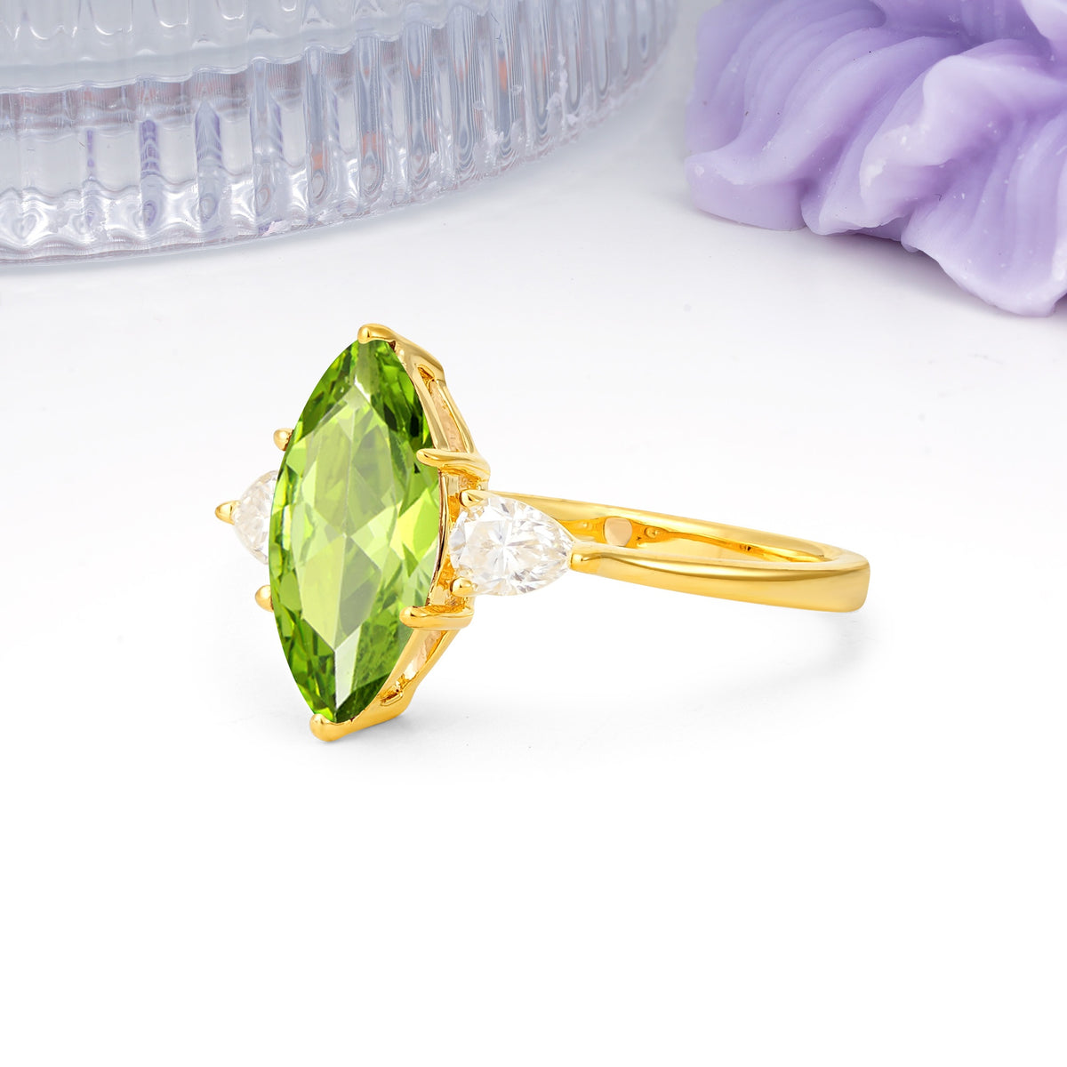 Classic, Minimalist 6-Prong Marquise Cut Peridot Engagement Ring - Additional view