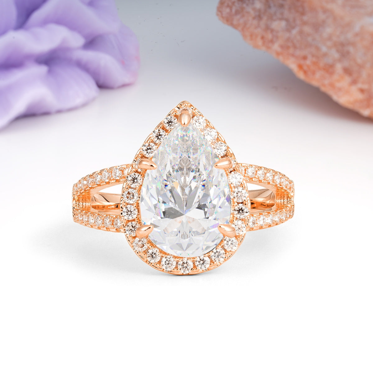 Classic Double-Row Diamond, Luxurious 5-Prong Pear Cut Moissanite Engagement Ring - Additional view