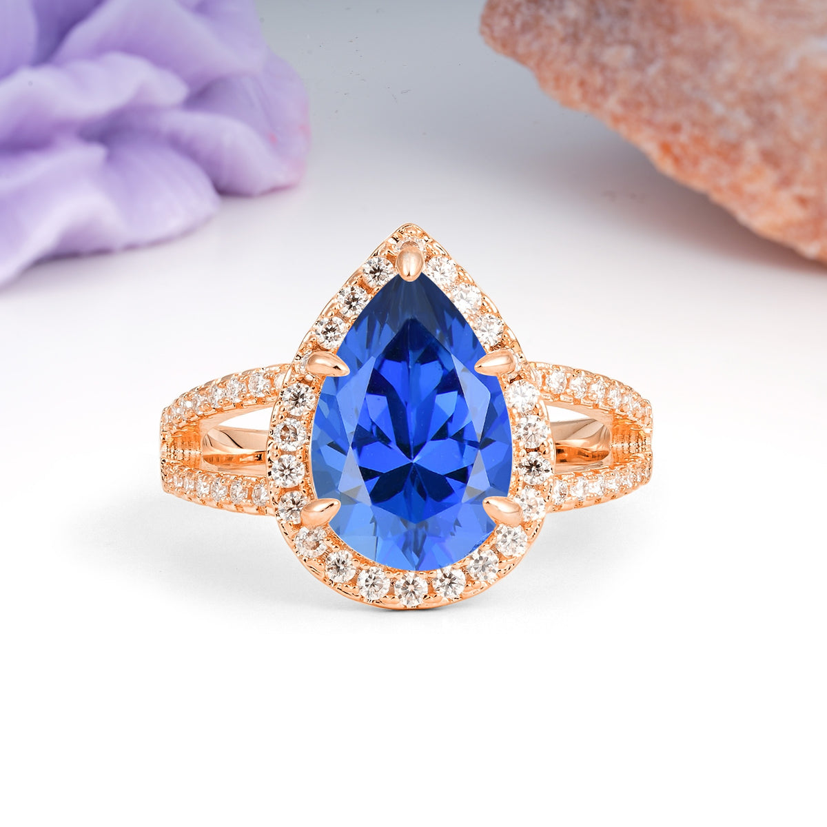 Classic Double-Row Diamond, Luxurious 5-Prong Pear Cut Sapphire Engagement Ring - Additional view