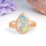 Classic Double-Row Diamond, Luxurious 5-Prong Pear Cut Fire Opal Engagement Ring - Additional view