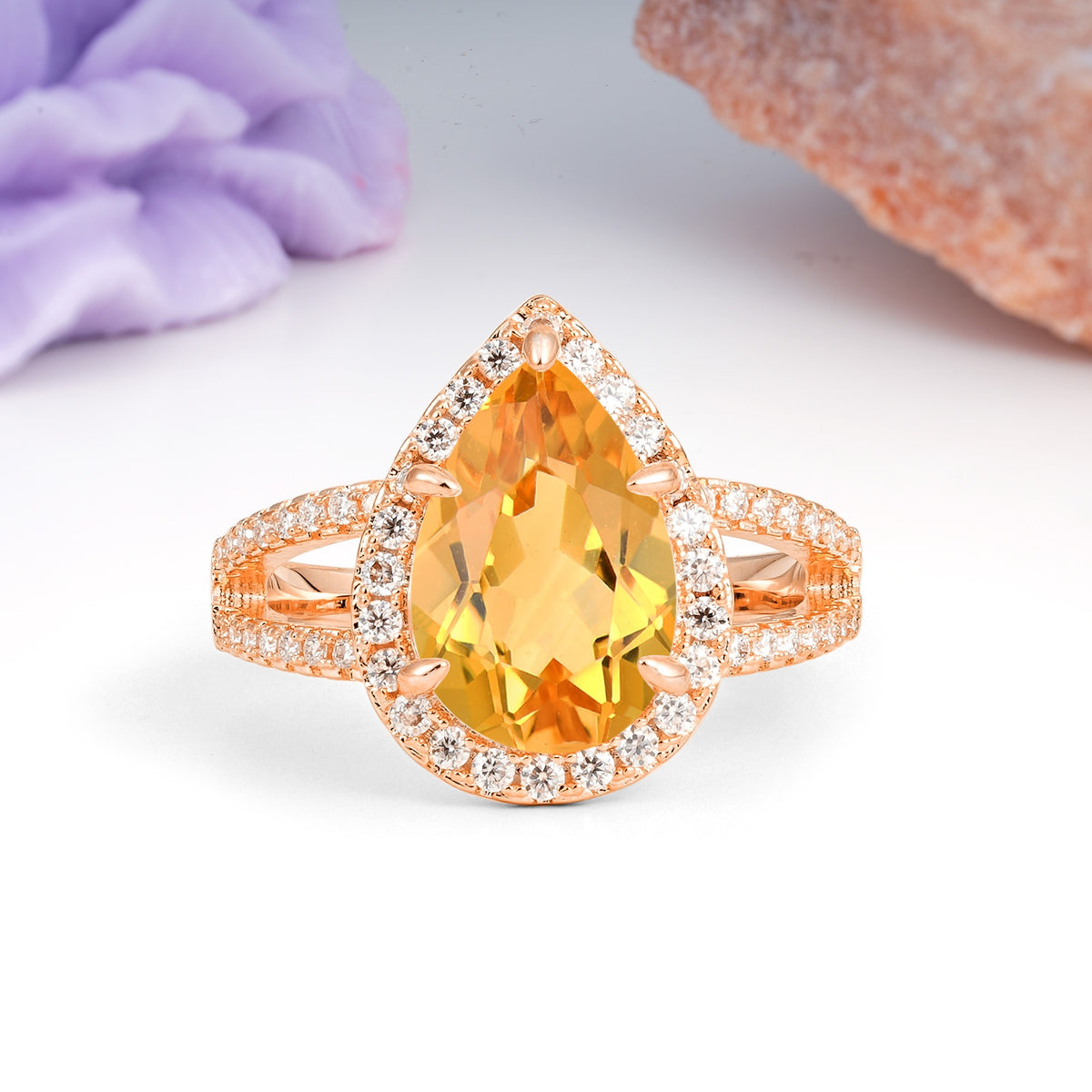Classic Double-Row Diamond, Luxurious 5-Prong Pear Cut Citrine Engagement Ring - Additional view