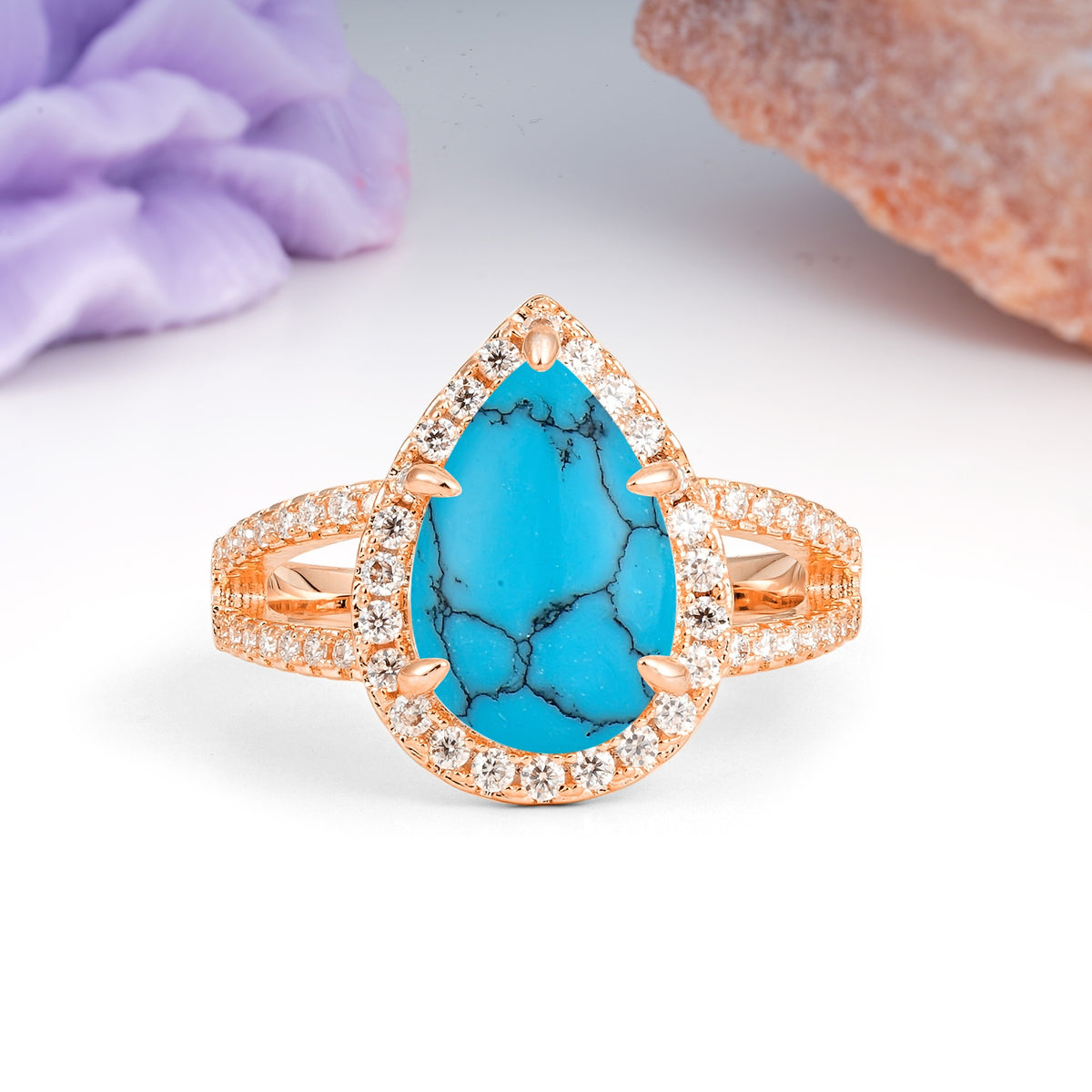 Classic Double-Row Diamond, Luxurious 5-Prong Pear Cut Turquoise Engagement Ring - Additional view