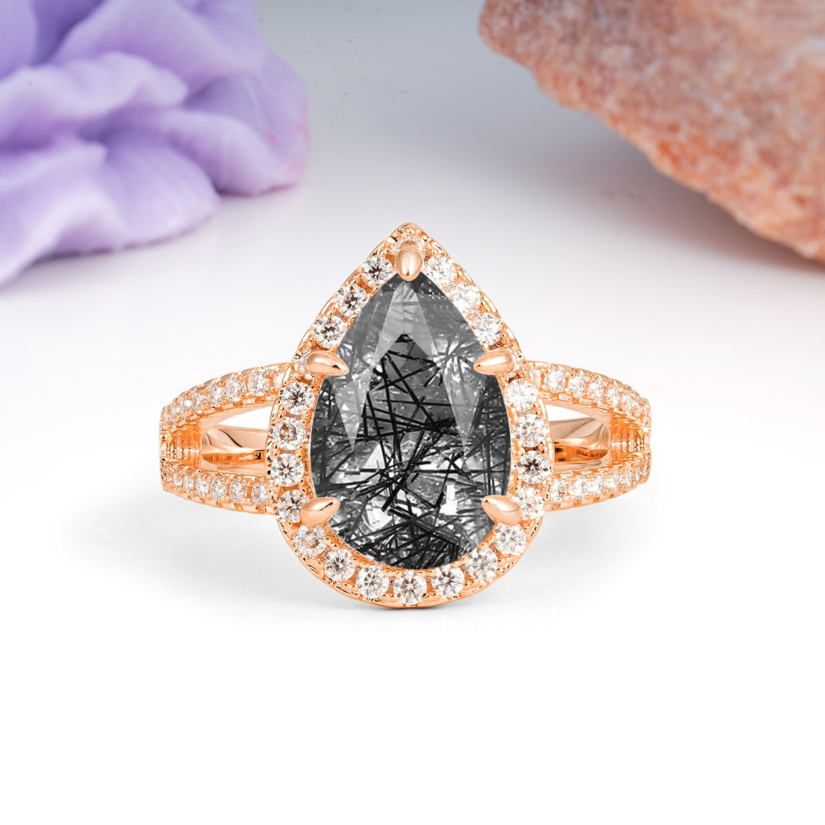 Classic Double-Row Diamond, Luxurious 5-Prong Pear Cut Black Rutilated Quartz Engagement Ring - Additional view