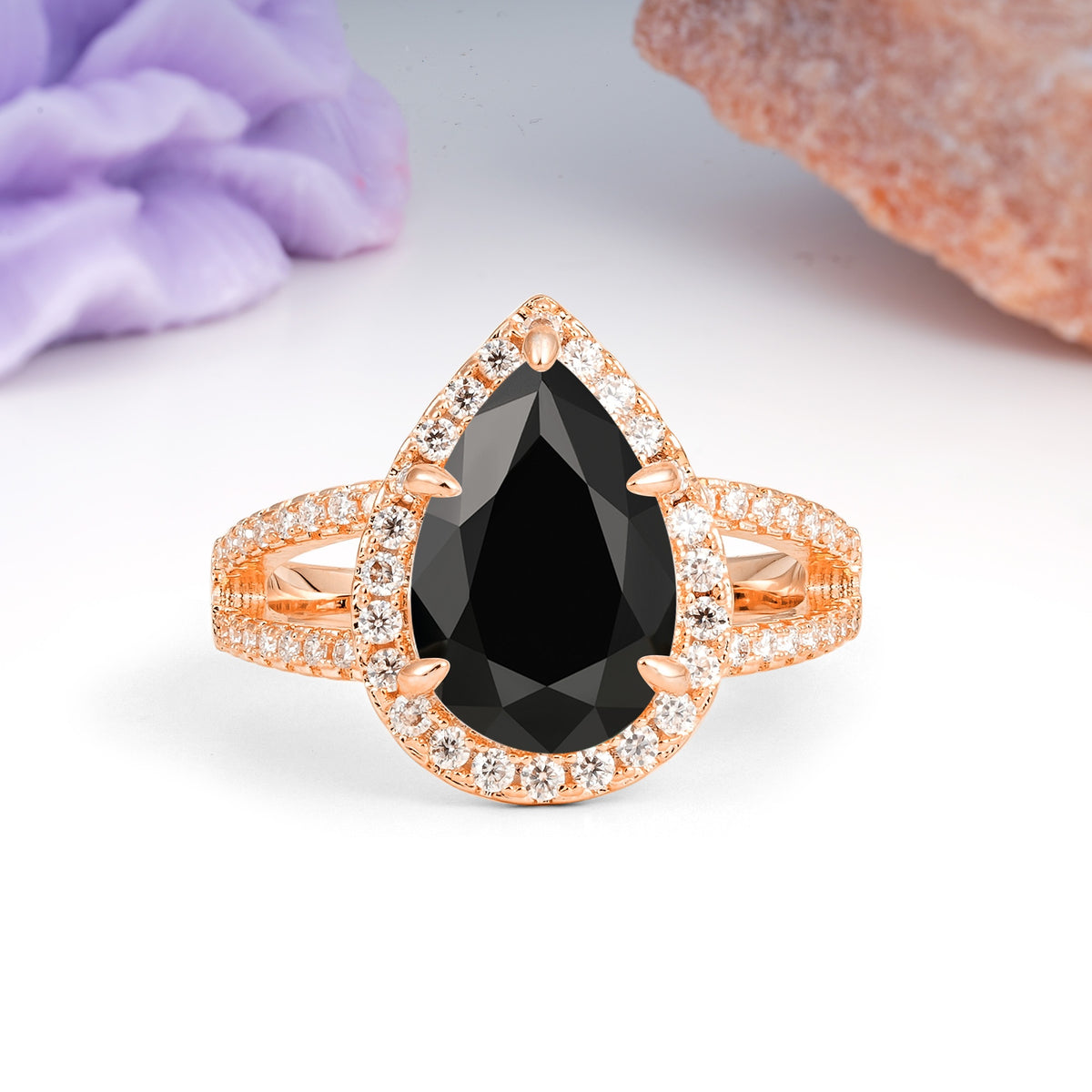 Classic Double-Row Diamond, Luxurious 5-Prong Pear Cut Black Onyx Engagement Ring - Additional view