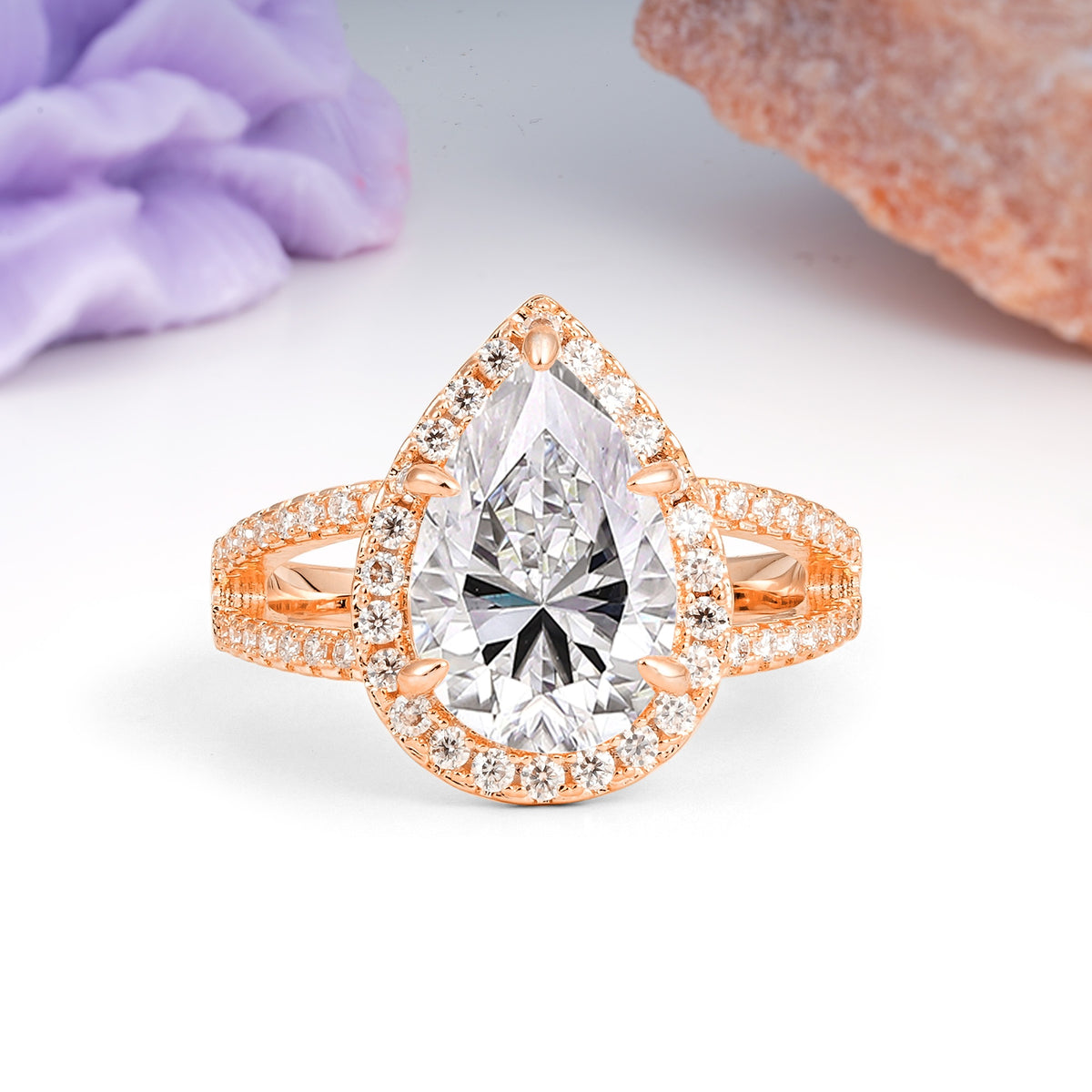 Classic Double-Row Diamond, Luxurious 5-Prong Pear Cut Lab Diamond Engagement Ring - Additional view