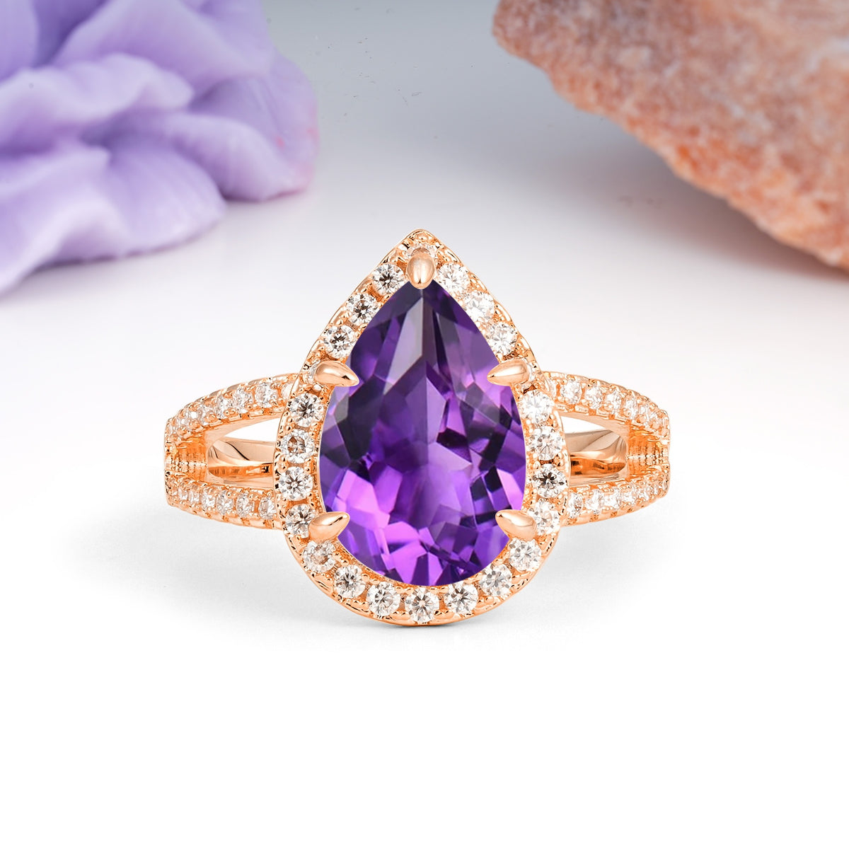 Classic Double-Row Diamond, Luxurious 5-Prong Pear Cut Amethyst Engagement Ring - Additional view