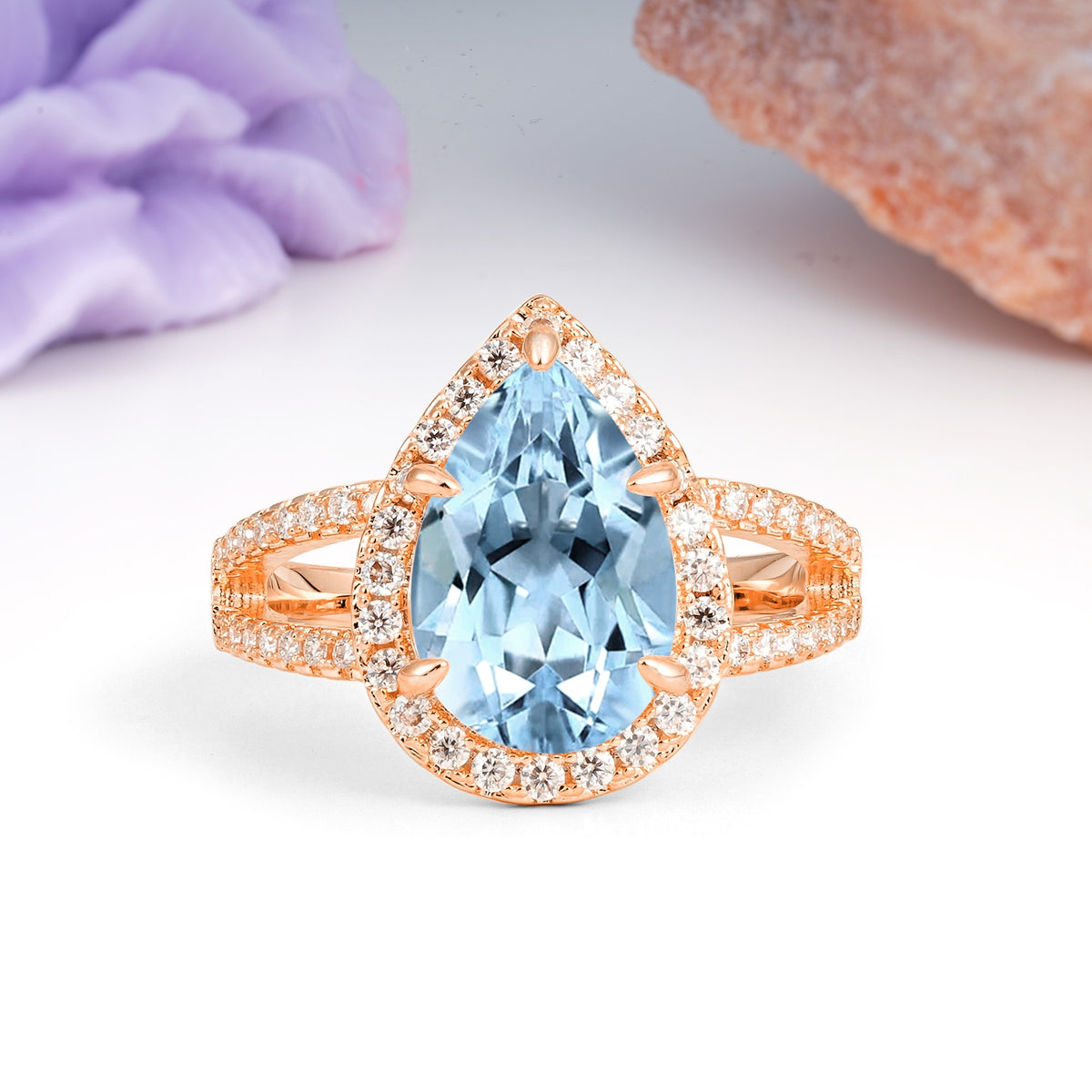 Classic Double-Row Diamond, Luxurious 5-Prong Pear Cut Aquamarine Engagement Ring - Additional view