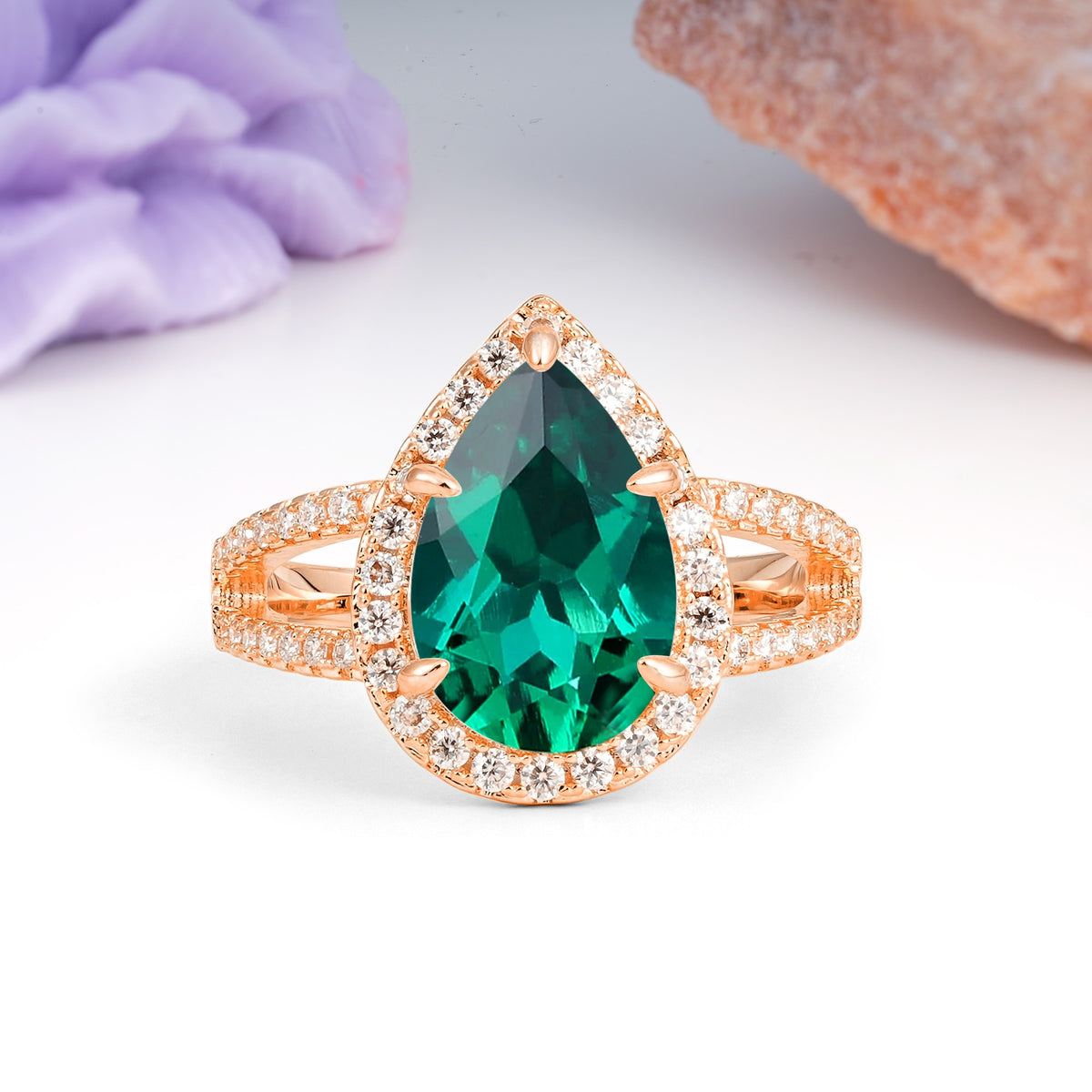 Classic Double-Row Diamond, Luxurious 5-Prong Pear Cut Emerald Engagement Ring - Additional view