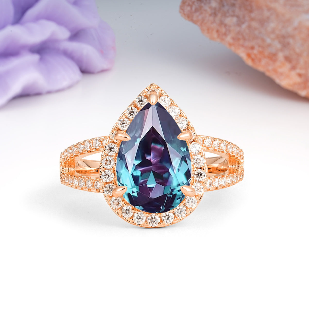 Classic Double-Row Diamond, Luxurious 5-Prong Pear Cut Alexandrite Engagement Ring - Additional view
