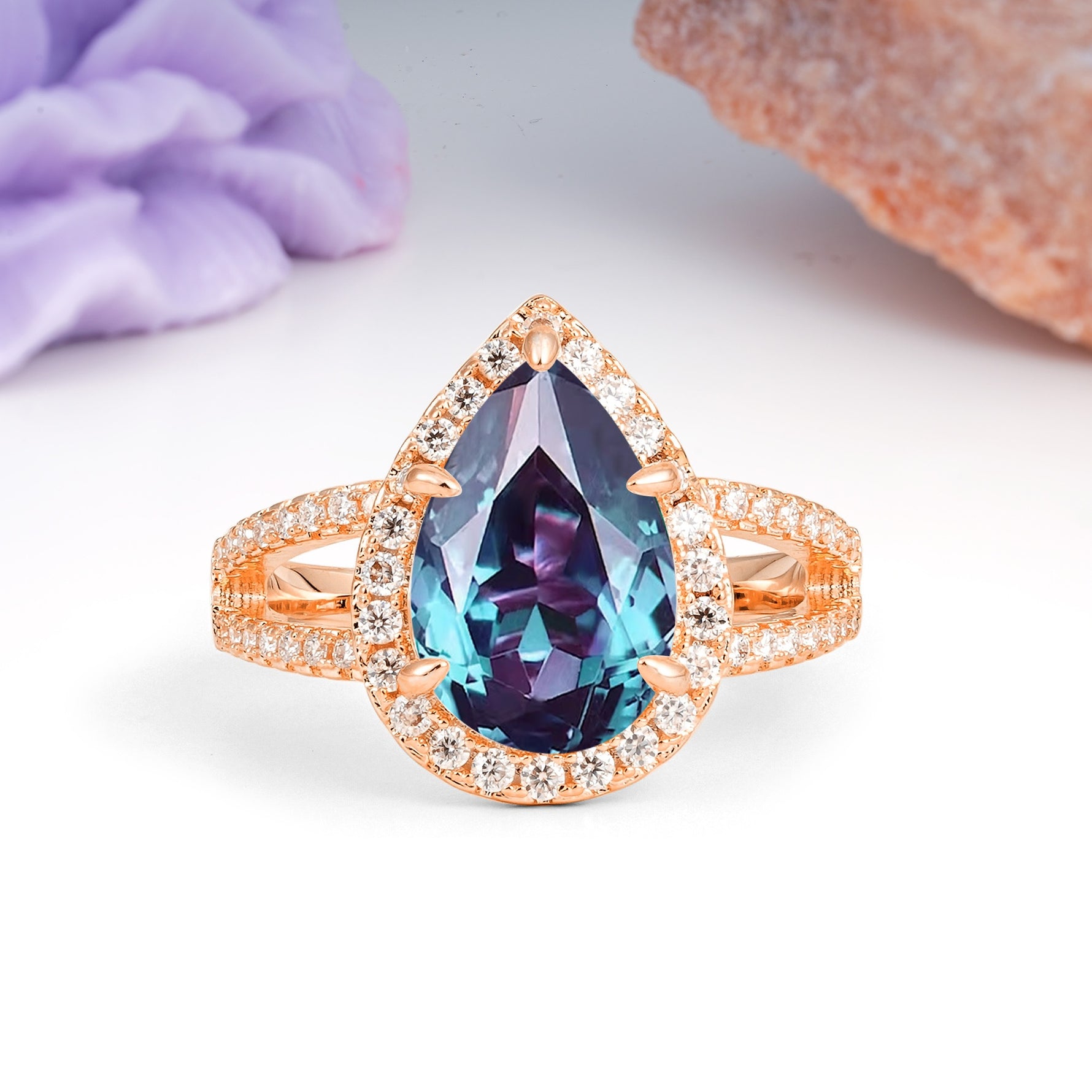 Classic Double-Row Diamond, Luxurious 5-Prong Pear Cut Alexandrite Engagement Ring - Additional view