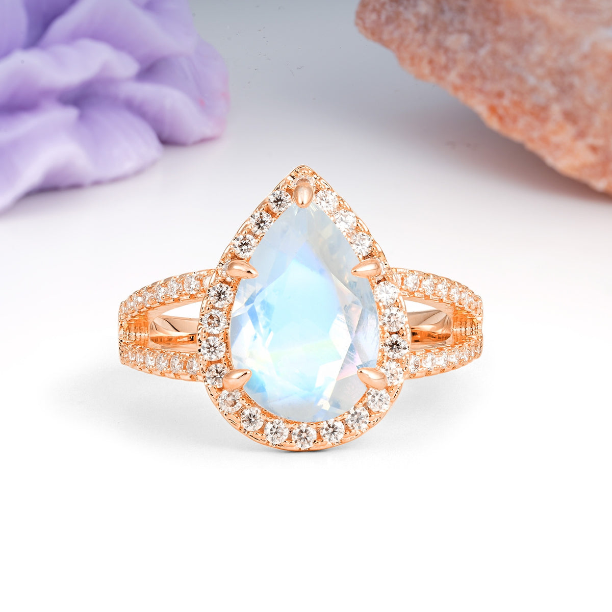 Classic Double-Row Diamond, Luxurious 5-Prong Pear Cut Moonstone Engagement Ring - Additional view