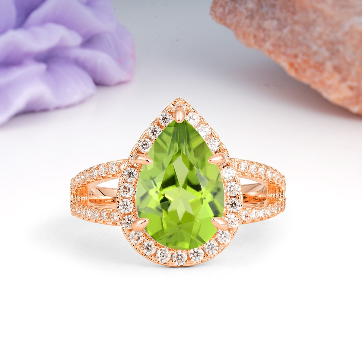 Classic Double-Row Diamond, Luxurious 5-Prong Pear Cut Peridot Engagement Ring - Additional view