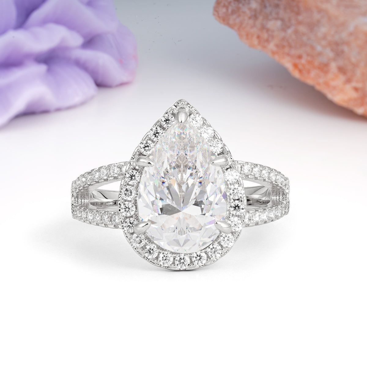 Classic Double-Row Diamond, Luxurious 5-Prong Pear Cut Moissanite Engagement Ring - Additional view