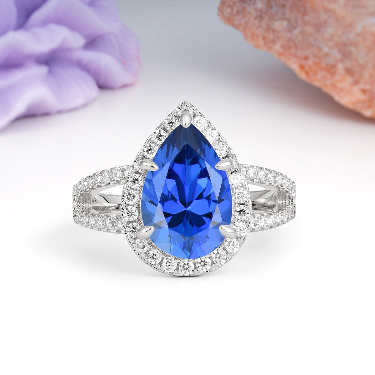 Classic Double-Row Diamond, Luxurious 5-Prong Pear Cut Sapphire Engagement Ring - Additional view