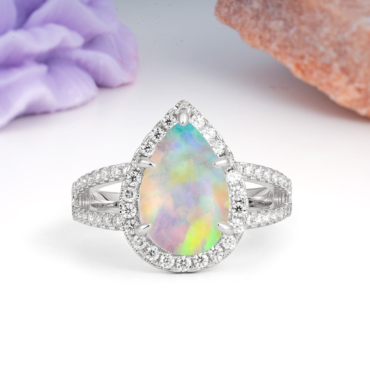 Classic Double-Row Diamond, Luxurious 5-Prong Pear Cut Fire Opal Engagement Ring - Additional view