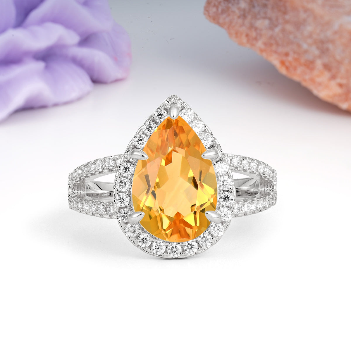 Classic Double-Row Diamond, Luxurious 5-Prong Pear Cut Citrine Engagement Ring - Additional view