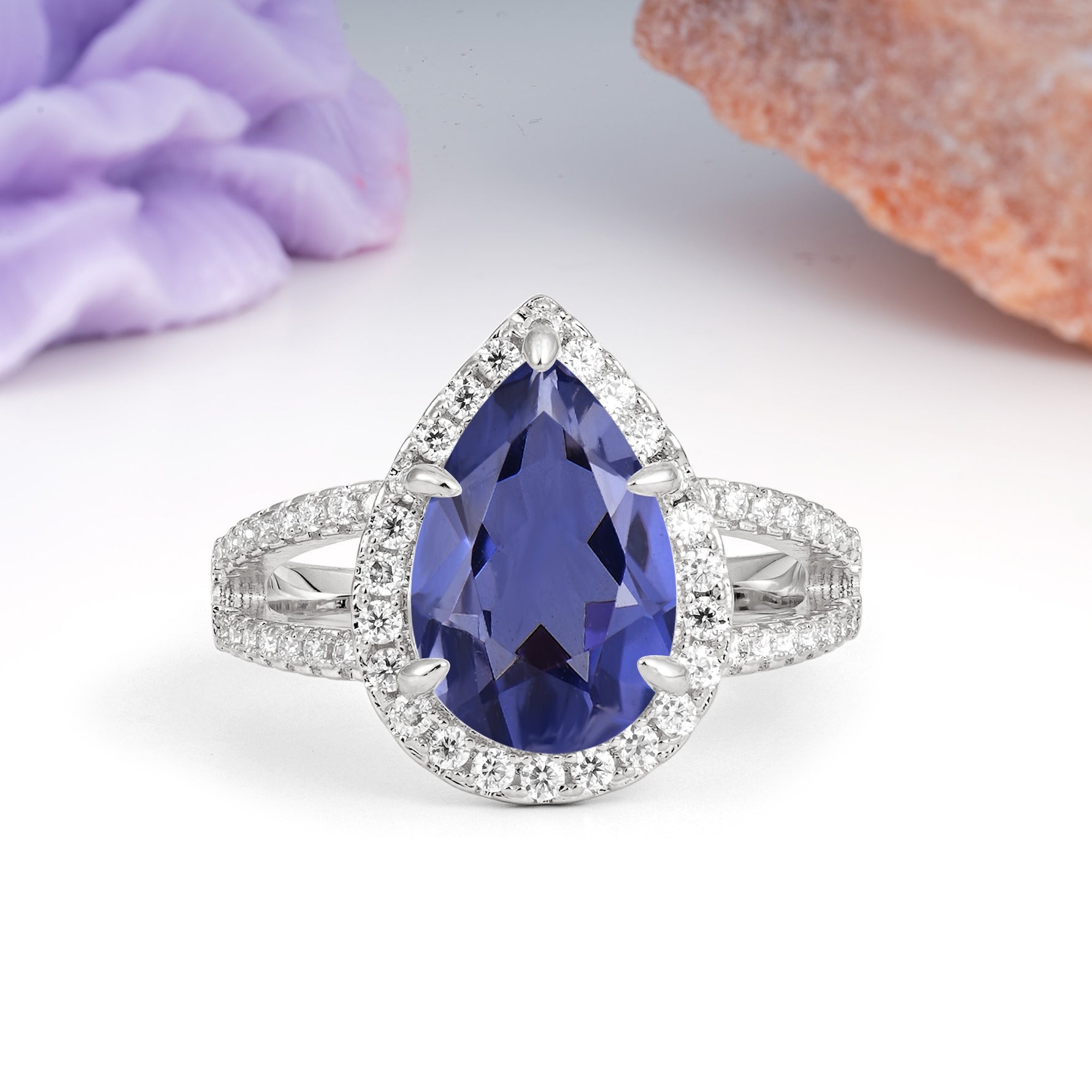 Classic Double-Row Diamond, Luxurious 5-Prong Pear Cut Tanzanite Engagement Ring - Additional view