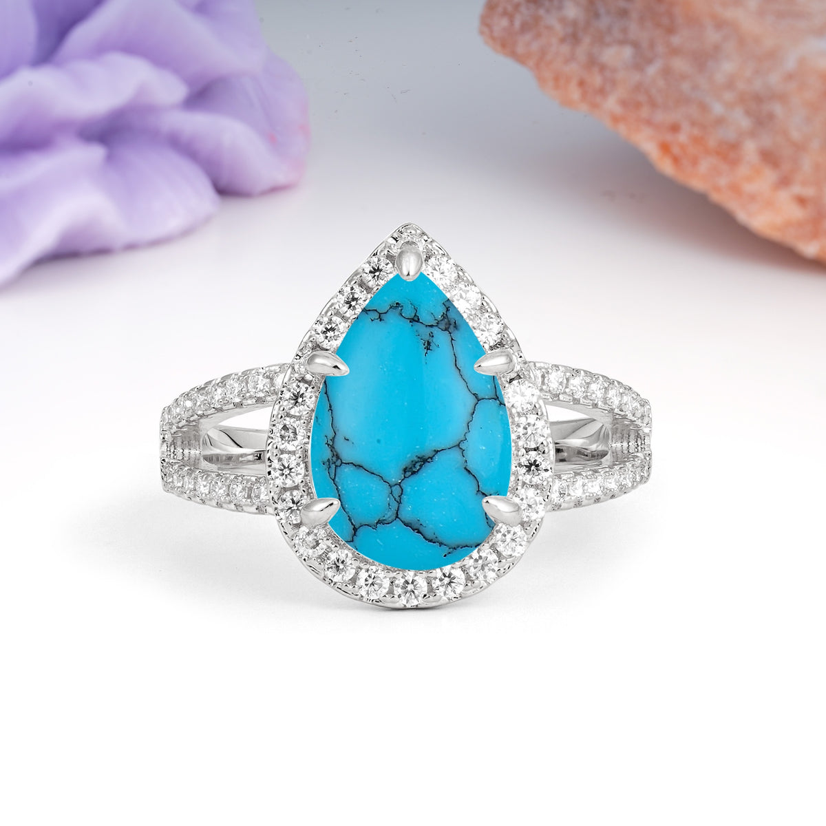 Classic Double-Row Diamond, Luxurious 5-Prong Pear Cut Turquoise Engagement Ring - Additional view