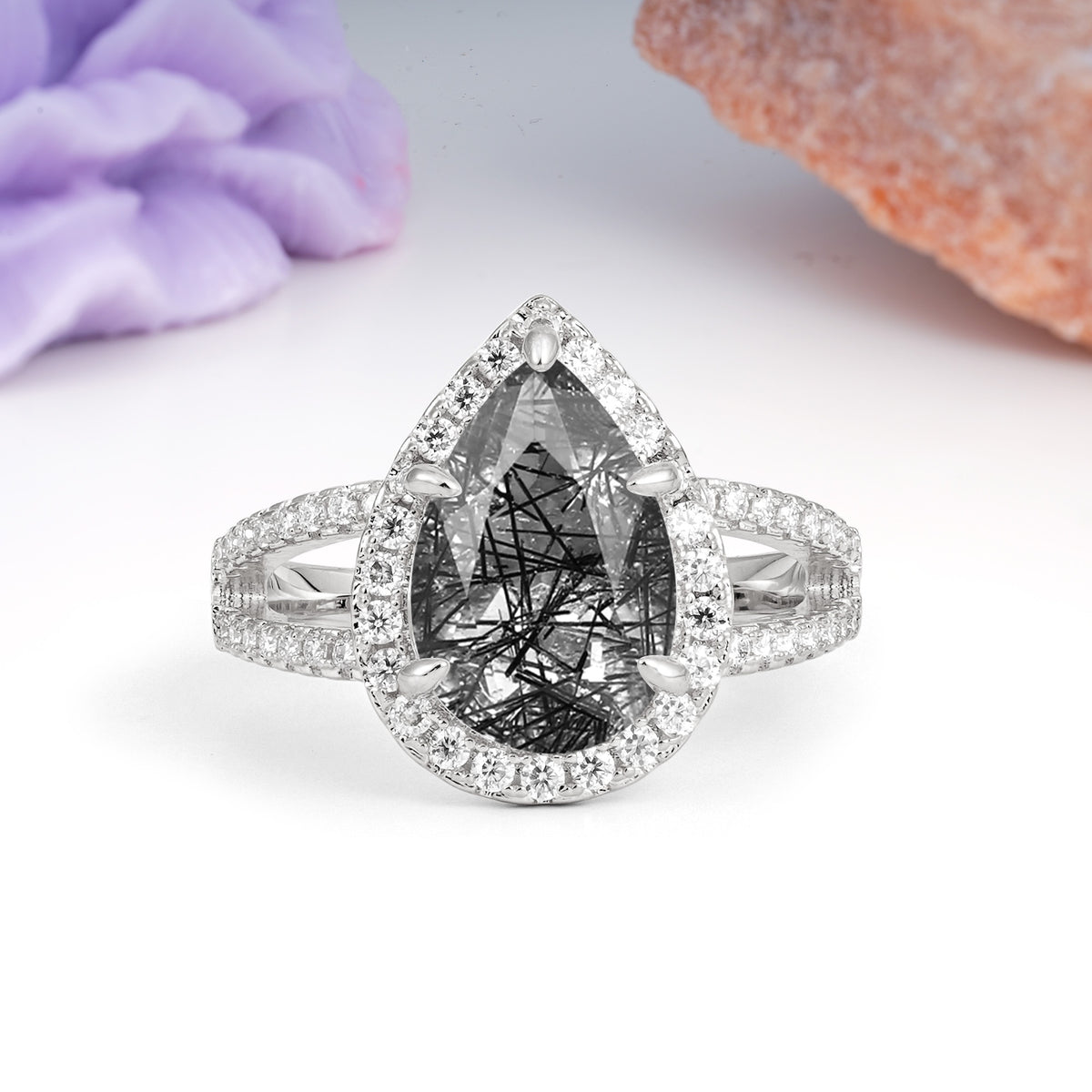 Classic Double-Row Diamond, Luxurious 5-Prong Pear Cut Black Rutilated Quartz Engagement Ring - Additional view