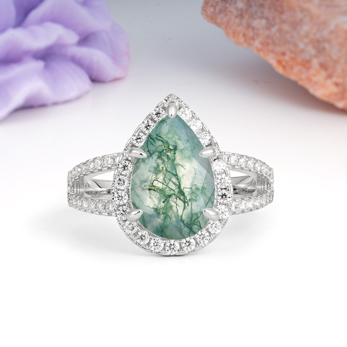Classic Double-Row Diamond, Luxurious 5-Prong Pear Cut Moss Agate Engagement Ring - Additional view
