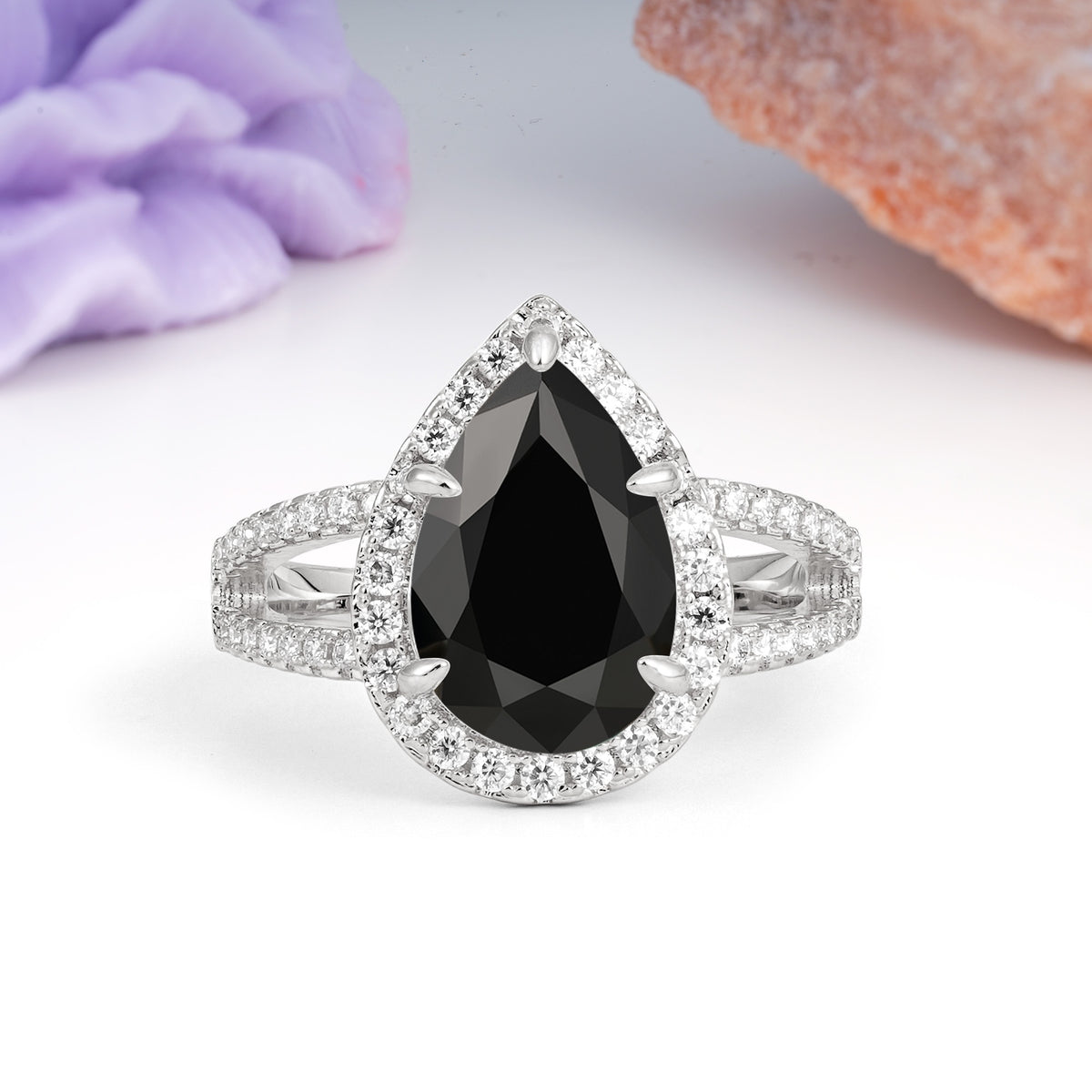 Classic Double-Row Diamond, Luxurious 5-Prong Pear Cut Black Onyx Engagement Ring - Additional view