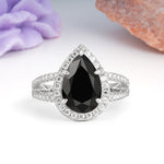 Classic Double-Row Diamond, Luxurious 5-Prong Pear Cut Black Onyx Engagement Ring - Additional view