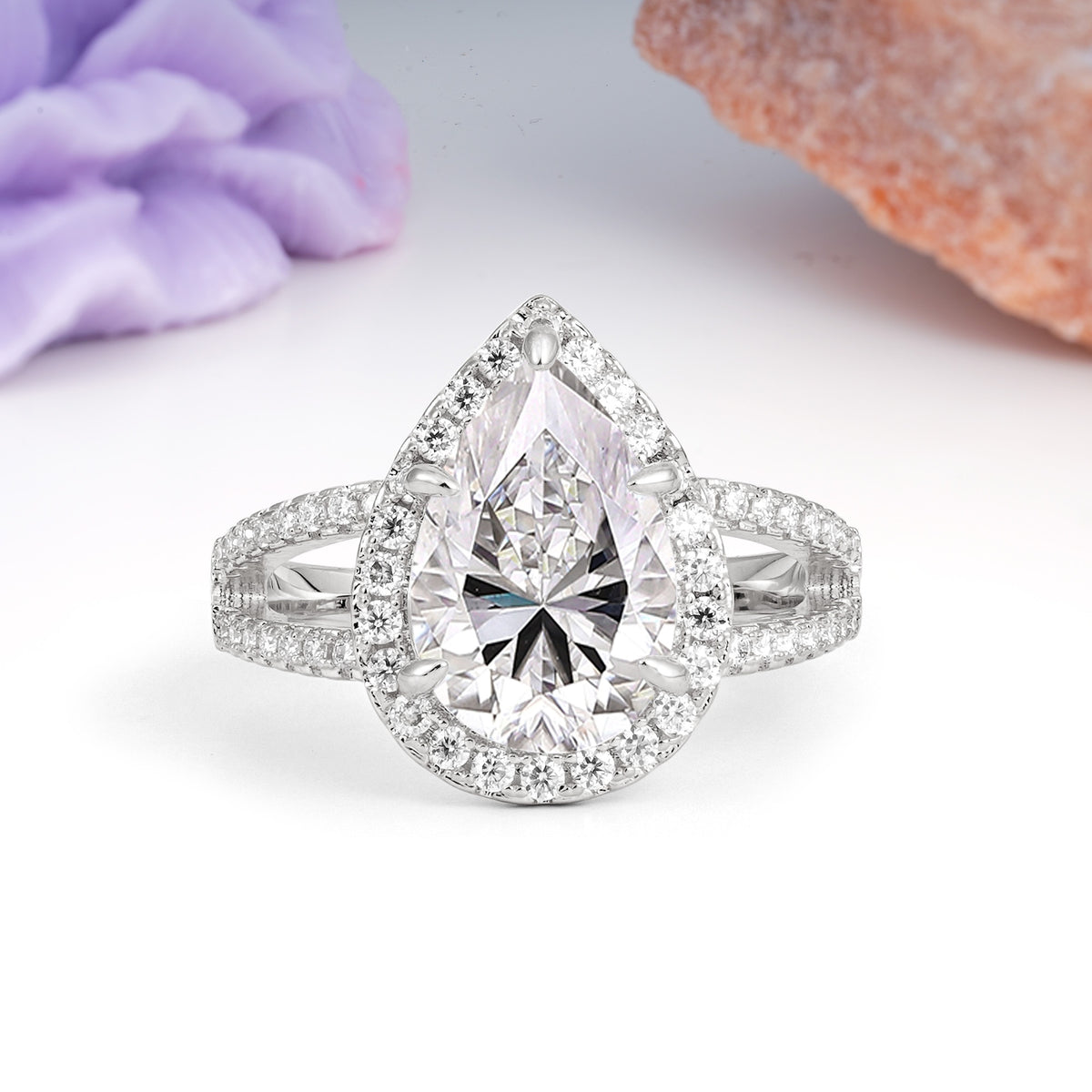 Classic Double-Row Diamond, Luxurious 5-Prong Pear Cut Lab Diamond Engagement Ring - Additional view