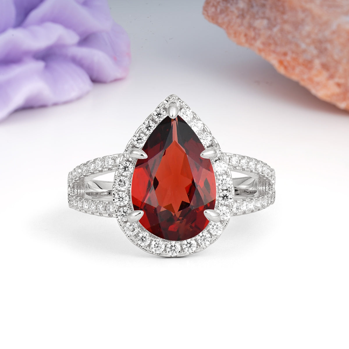 Classic Double-Row Diamond, Luxurious 5-Prong Pear Cut Garnet Engagement Ring - Additional view