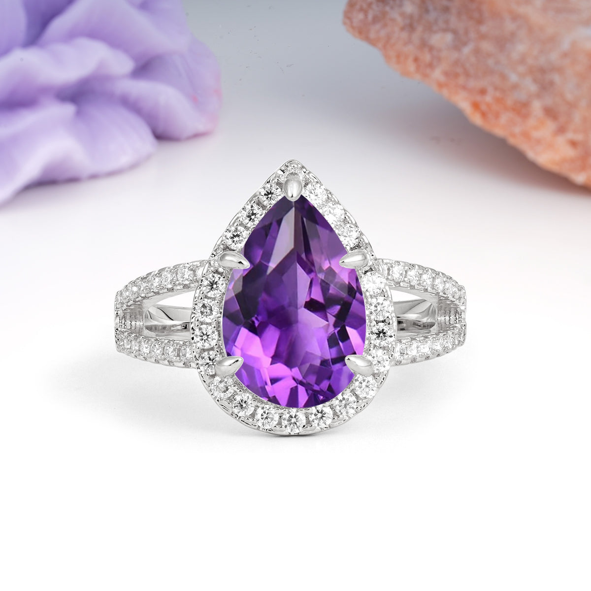 Classic Double-Row Diamond, Luxurious 5-Prong Pear Cut Amethyst Engagement Ring - Additional view