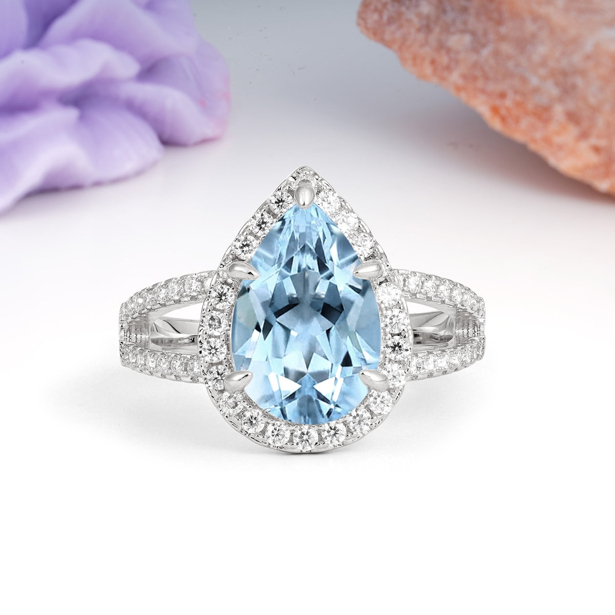 Classic Double-Row Diamond, Luxurious 5-Prong Pear Cut Aquamarine Engagement Ring - Additional view