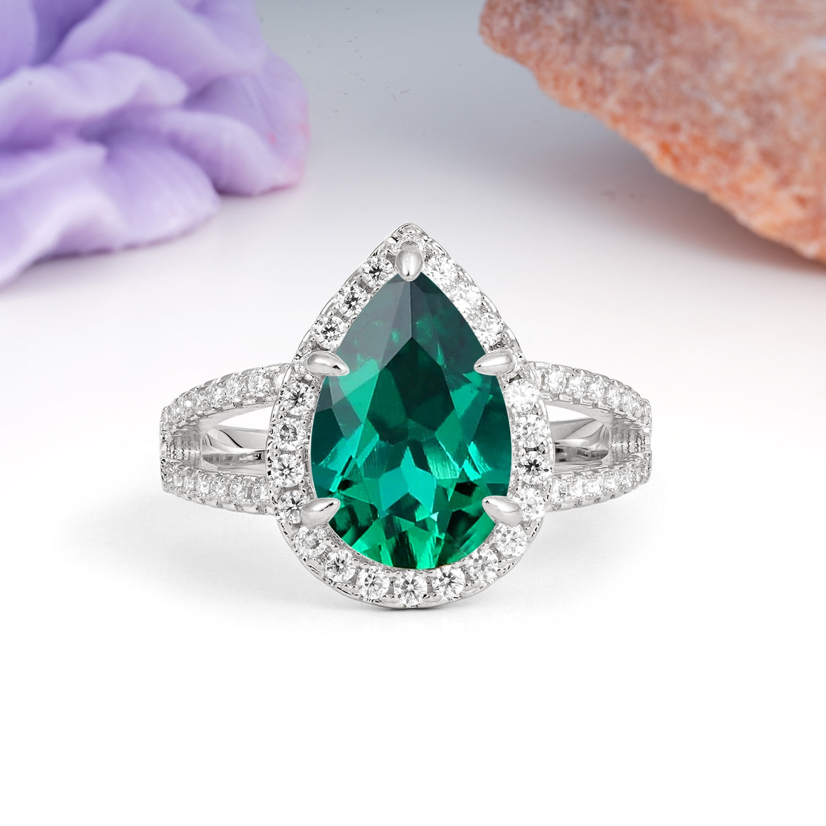 Classic Double-Row Diamond, Luxurious 5-Prong Pear Cut Emerald Engagement Ring - Additional view