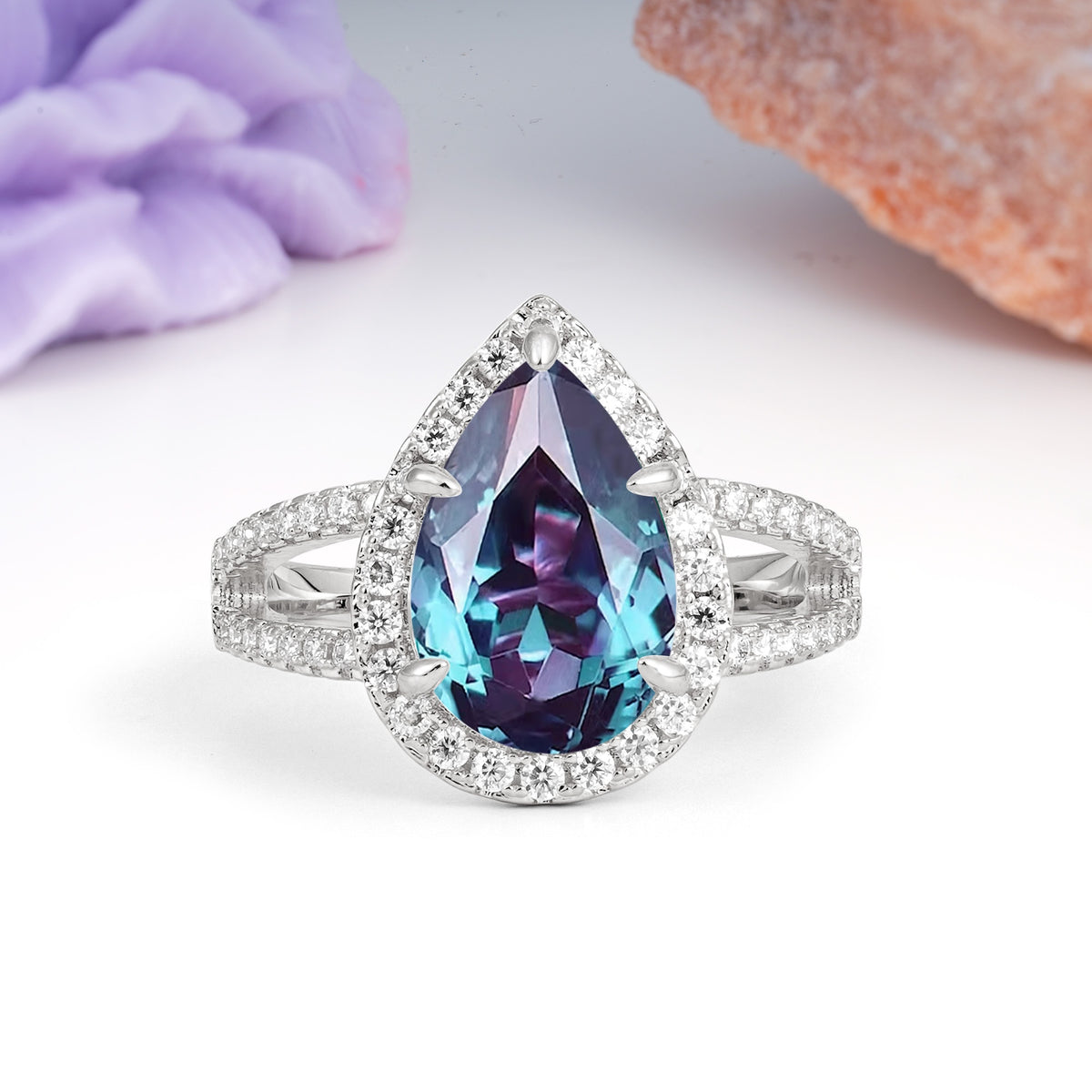 Classic Double-Row Diamond, Luxurious 5-Prong Pear Cut Alexandrite Engagement Ring - Additional view