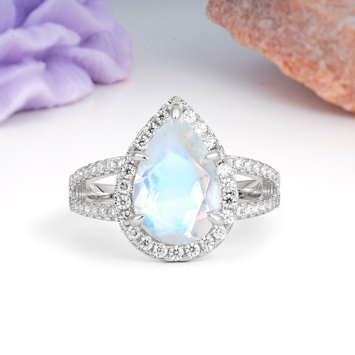Classic Double-Row Diamond, Luxurious 5-Prong Pear Cut Moonstone Engagement Ring - Additional view