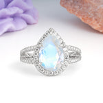 Classic Double-Row Diamond, Luxurious 5-Prong Pear Cut Moonstone Engagement Ring - Additional view