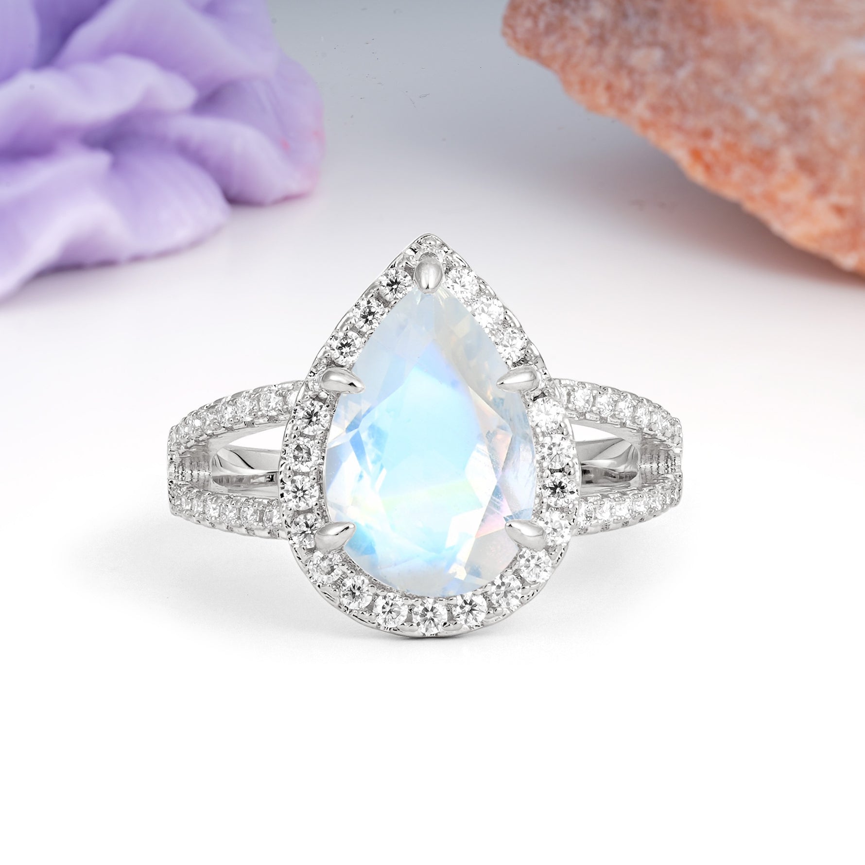 Classic Double-Row Diamond, Luxurious 5-Prong Pear Cut Moonstone Engagement Ring - Additional view