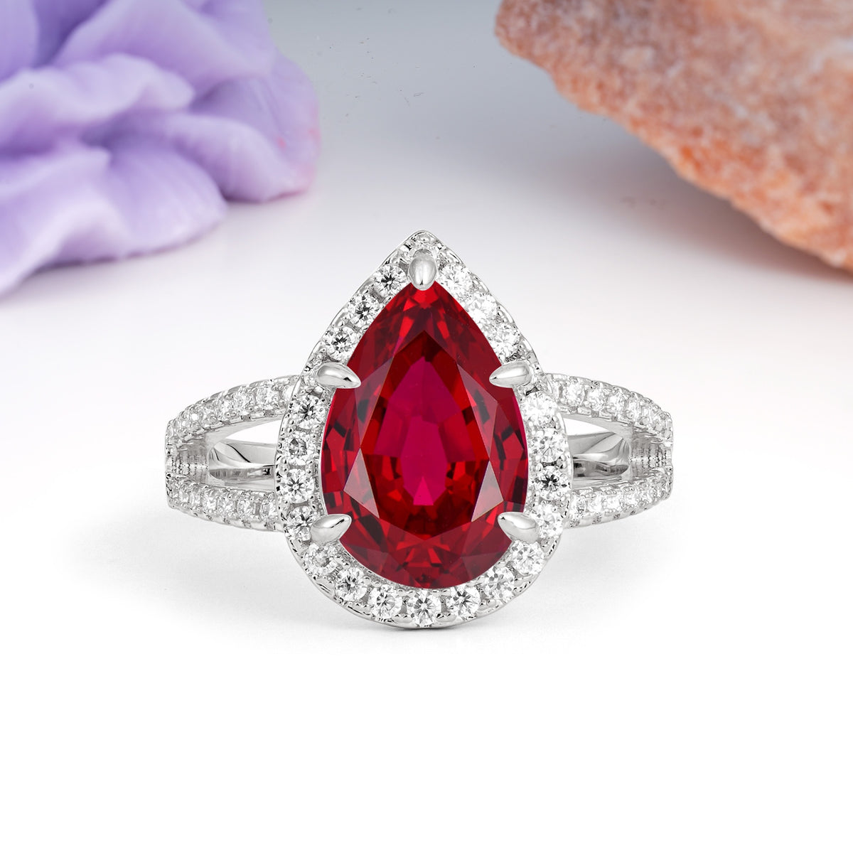 Classic Double-Row Diamond, Luxurious 5-Prong Pear Cut Ruby Engagement Ring - Additional view