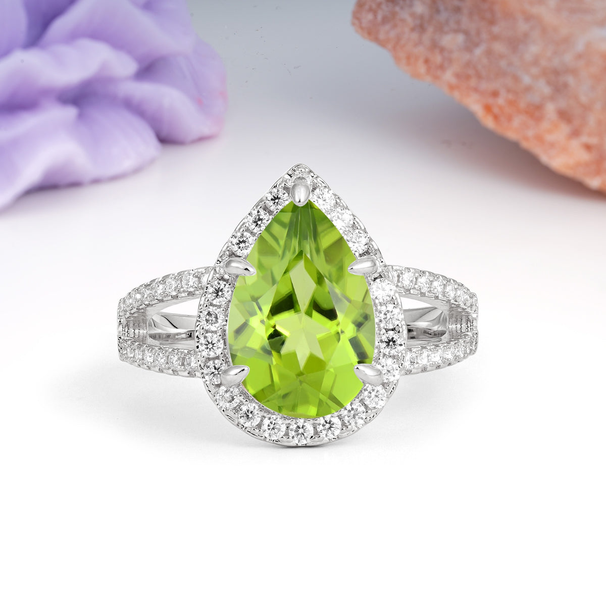 Classic Double-Row Diamond, Luxurious 5-Prong Pear Cut Peridot Engagement Ring - Additional view