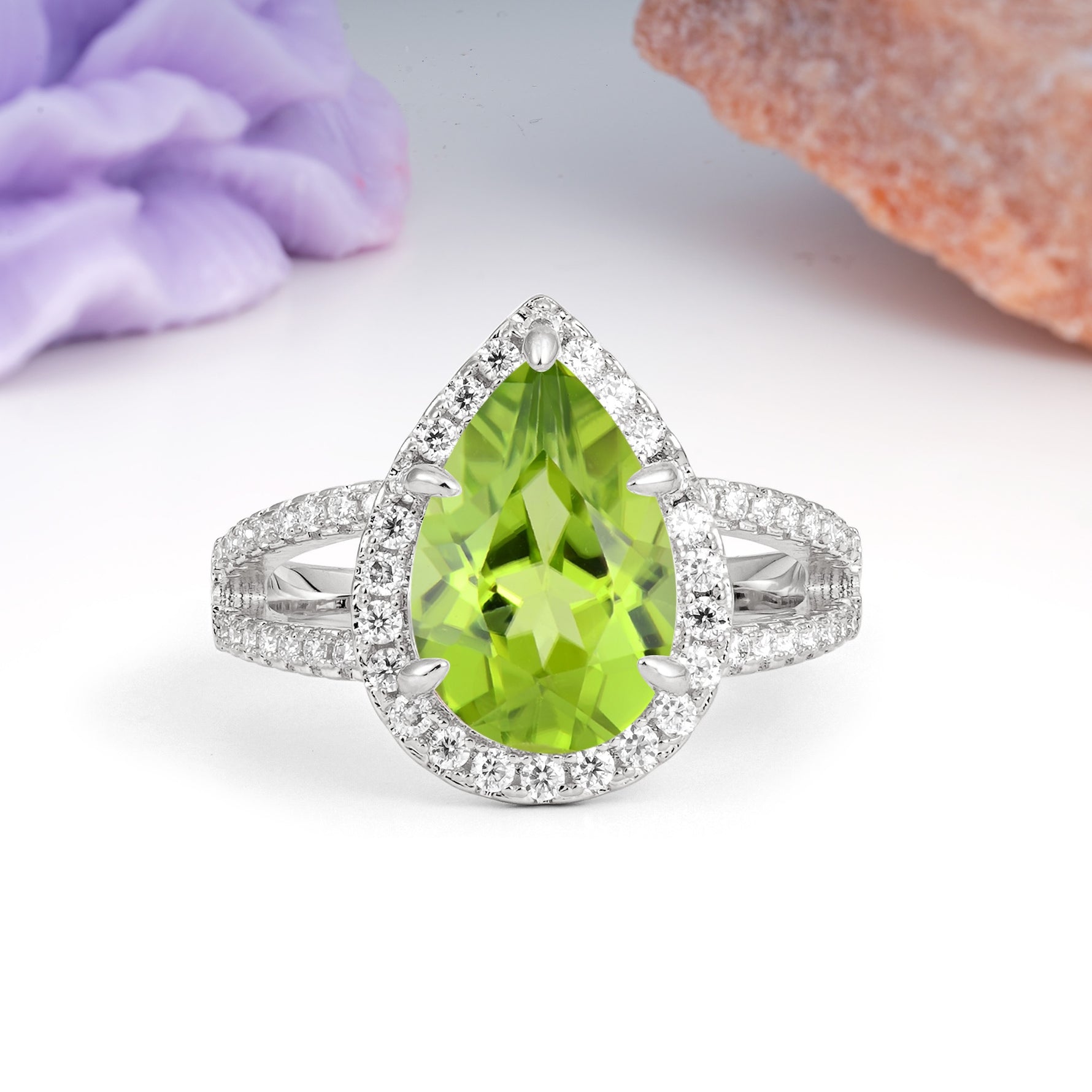Classic Double-Row Diamond, Luxurious 5-Prong Pear Cut Peridot Engagement Ring - Additional view