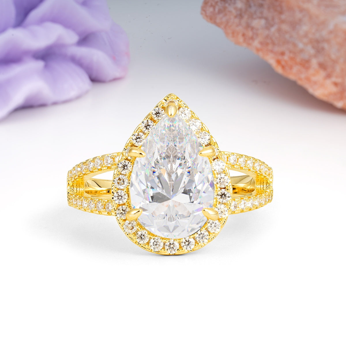 Classic Double-Row Diamond, Luxurious 5-Prong Pear Cut Moissanite Engagement Ring - Additional view