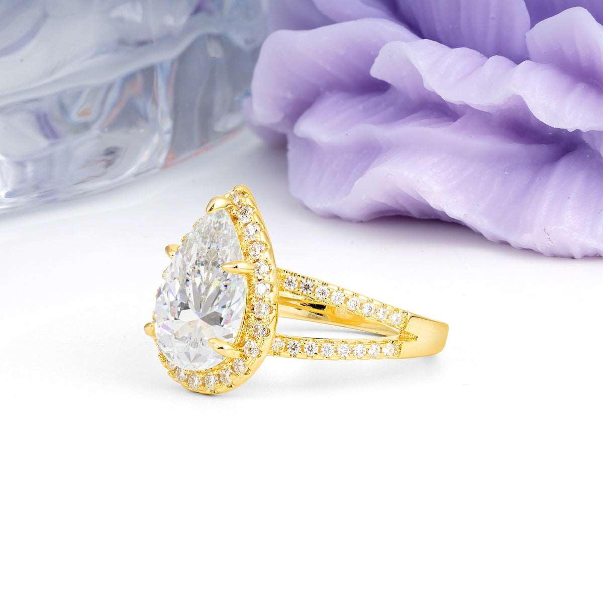 Classic Double-Row Diamond, Luxurious 5-Prong Pear Cut Moissanite Engagement Ring - Additional view