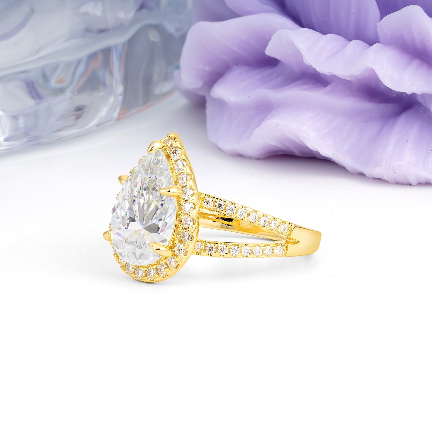 Classic Double-Row Diamond, Luxurious 5-Prong Pear Cut Moissanite Engagement Ring - Additional view