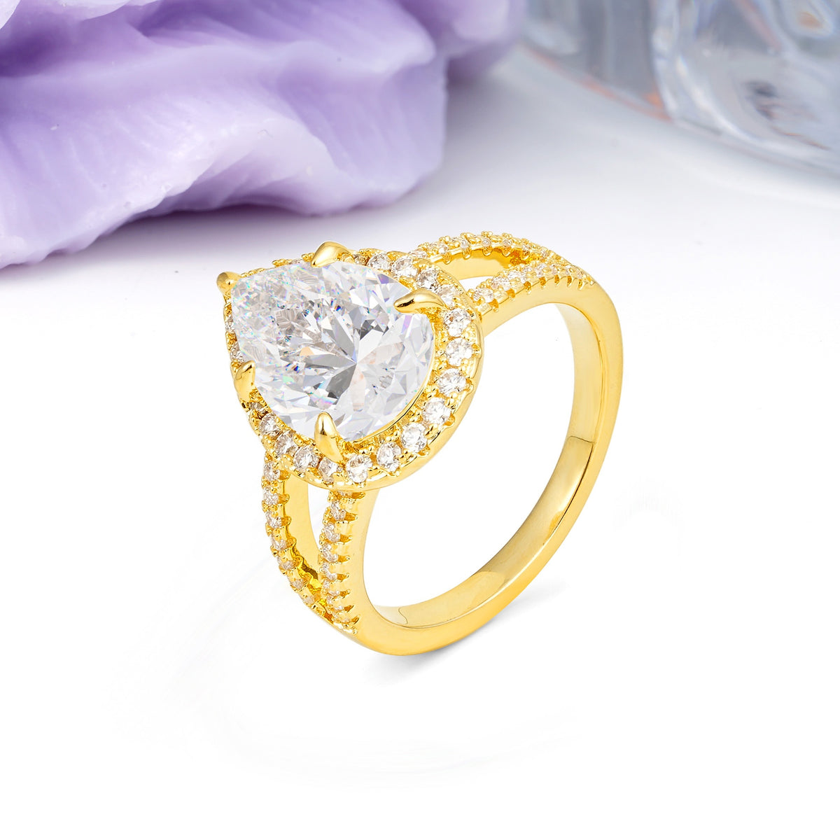 Classic Double-Row Diamond, Luxurious 5-Prong Pear Cut Moissanite Engagement Ring - Additional view