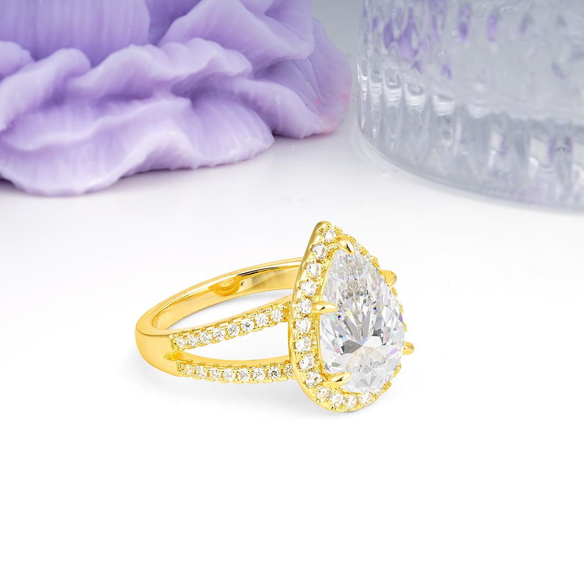 Classic Double-Row Diamond, Luxurious 5-Prong Pear Cut Moissanite Engagement Ring - Additional view