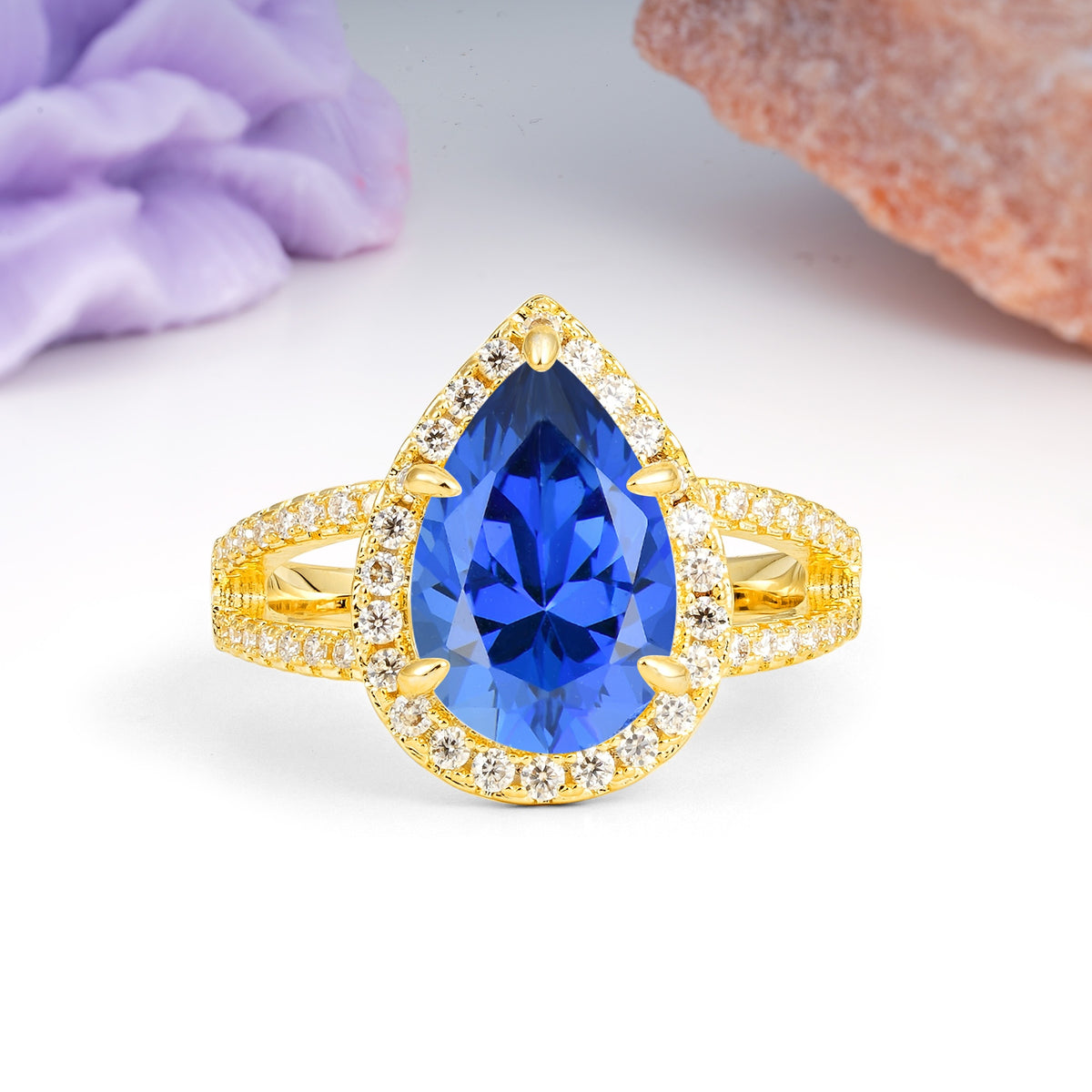 Classic Double-Row Diamond, Luxurious 5-Prong Pear Cut Sapphire Engagement Ring - Additional view