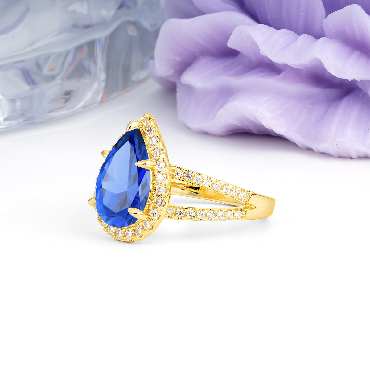 Classic Double-Row Diamond, Luxurious 5-Prong Pear Cut Sapphire Engagement Ring - Additional view